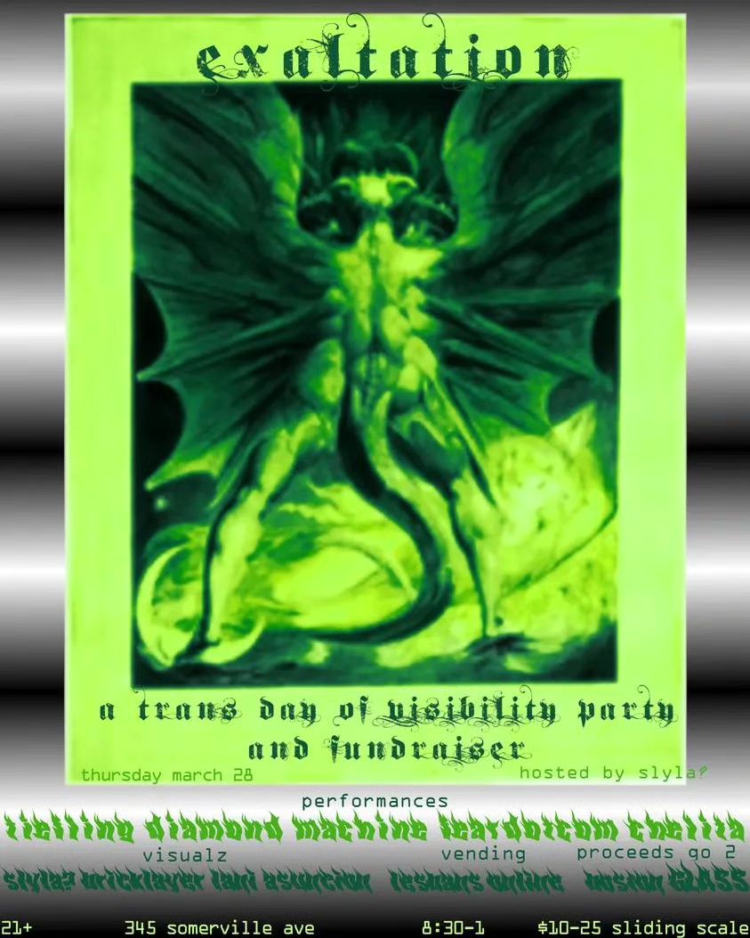 Trans Day of Visibility party and fundraiser!
live music, DJ sets, &amp; immersive visuals
by trans/NB local artists
Come celebrate TDOV with us!
🎵
Tiefling
Diamond Machine 
Feardotcom
Chelita
📽️📺
Bricklayer
Lani Asunción
Slyla?
🏬
Lesbians Online

03.28 8-1
ra.co/events/1871240…