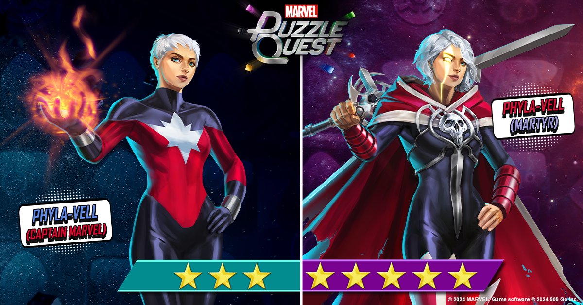 Phyla-Vell has arrived! Dawn the mantle of the Kree as Captain Marvel or wield the Quantum Sword as Martyr in MPQ today!