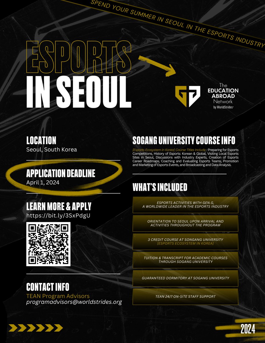 📢 We have BIG NEWS‼️

Join 'Esports In Seoul' &amp; turn your passion into educational success! Don’t just play the game, CHANGE IT. 🗣️🤩

Earn course credit while immersing yourself in the world of esports &amp; the rich culture of Seoul! 🎮🇰🇷

Click the link below to apply by April 1