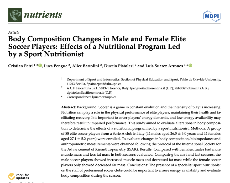 🆕"Alterations in body composition to determine the effects of a nutritional program in male and female soccer players" (Italian Serie A) 🇮🇹⚽️
👉<a href="/petri_cristian/">Cristian Petri</a> @Lsuarez_Arrones et al., 2024
📂 Open Access: mdpi.com/2072-6643/16/3…