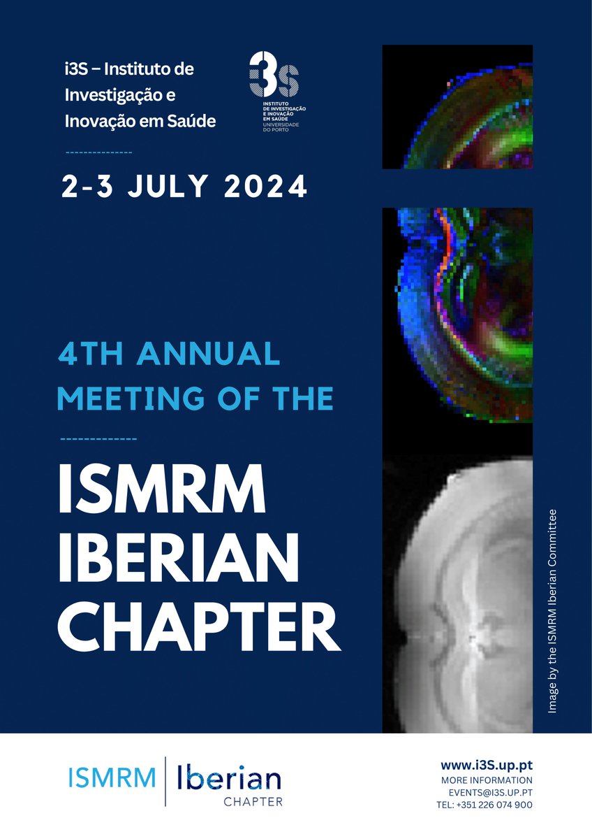 ISMRM Iberian Chapter (@ismrmiberian) on Twitter photo Don't forget to submit your abstracts to the 4th Annual Meeting of the ISMRM Iberian Chapter, in Porto, July 2-3 2024.
Abstract deadline: 13th of March.
For Instructions and a template --> rb.gy/6dw14v
Early bird REGISTRATION until March 19th.
Chair: Rui Simões, PhD Don't forget to submit your abstracts to the 4th Annual Meeting of the ISMRM Iberian Chapter, in Porto, July 2-3 2024.
Abstract deadline: 13th of March.
For Instructions and a template --> rb.gy/6dw14v
Early bird REGISTRATION until March 19th.
Chair: Rui Simões, PhD