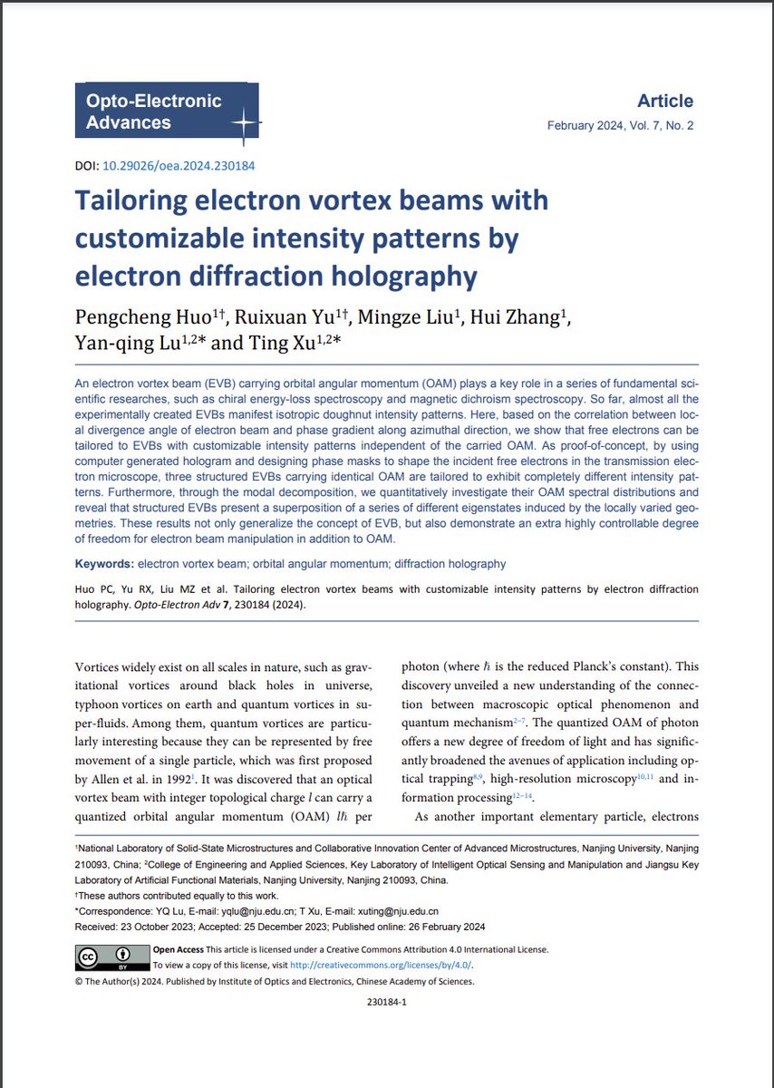 OptoElectronAdv's tweet photo. #OEA_highlight Tailoring electron vortex beams with customizable intensity patterns by electron diffraction holography https://t.co/N2zUwzjdNV by Prof. #YanqingLu and Prof. #TingXu from @NanjingUnivers1 #VortexBeam #OAM #diffraction #holography https://t.co/vrxbpVc4rB