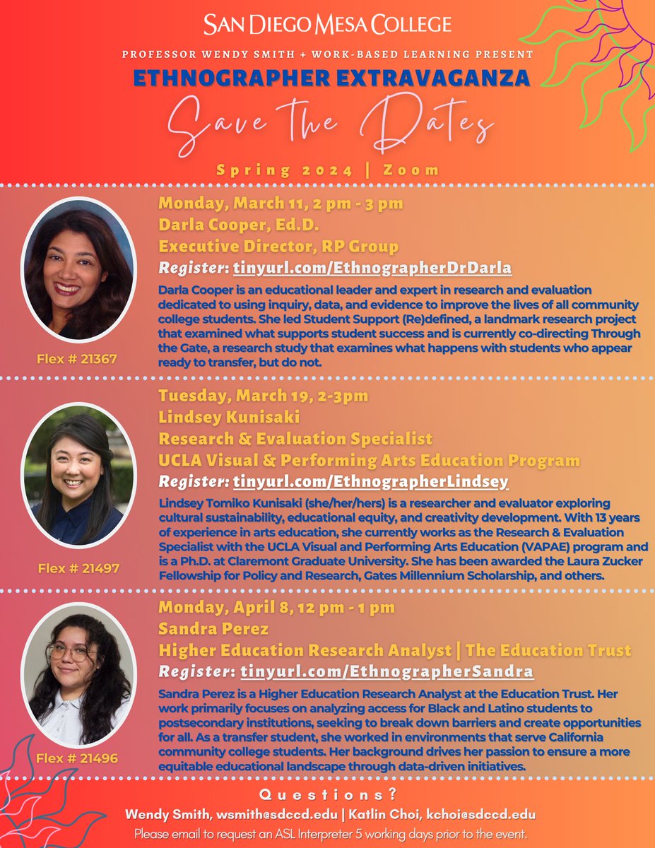 Hey SDCCD Friends and Colleagues~
Please join us for this semester’s Ethnographer Speaker Series! Come learn about folks who do research for a living! Our first speaker is the amazing Dr. Darla Cooper— Executive Director of The RPGroup.