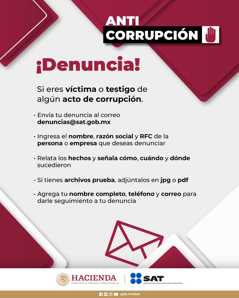 SATMX's tweet photo. Si eres víctima o testigo de algún acto de corrupción, conoce cómo enviar tu denuncia al correo denuncias@sat.gob.mx

Tus datos son confidenciales y están protegidos por la Ley de Protección de Datos Personales.  

Sin tregua contra la corrupción. https://t.co/5tE6EmCBWf