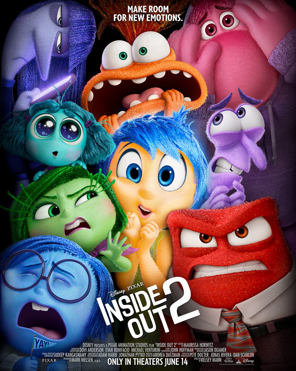 Make room for Joy, Fear, Disgust, Sadness, Anger, Anxiety, and Ennui, AND Envy, and don't forget Embarrassment 🌪️ Check out the new poster for Disney & Pixar's #InsideOut2, only in theaters June 14!