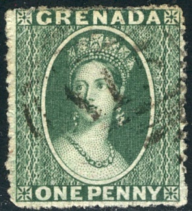 FIRST ISSUE of the Day: Grenada Sc #1/SG #2 issued 3rd June 1861. Gibbons lists the blue-green issues as #1 with Scott listing it as #1a.  Per Gibbons, the blue-green was issued in June 1861 while the green was issued in May 1862. #philately #stamps #grenada