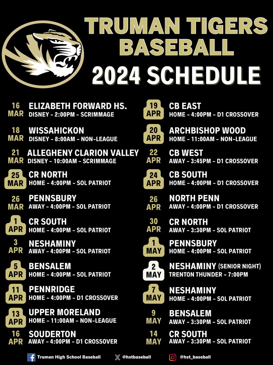HSTBaseball's tweet image. Our 2024 Schedule!
@BTSDAthletics @MrMonaghanHST @HSTstudentsec @TrumanTigerBTSD @BristolTwpSD