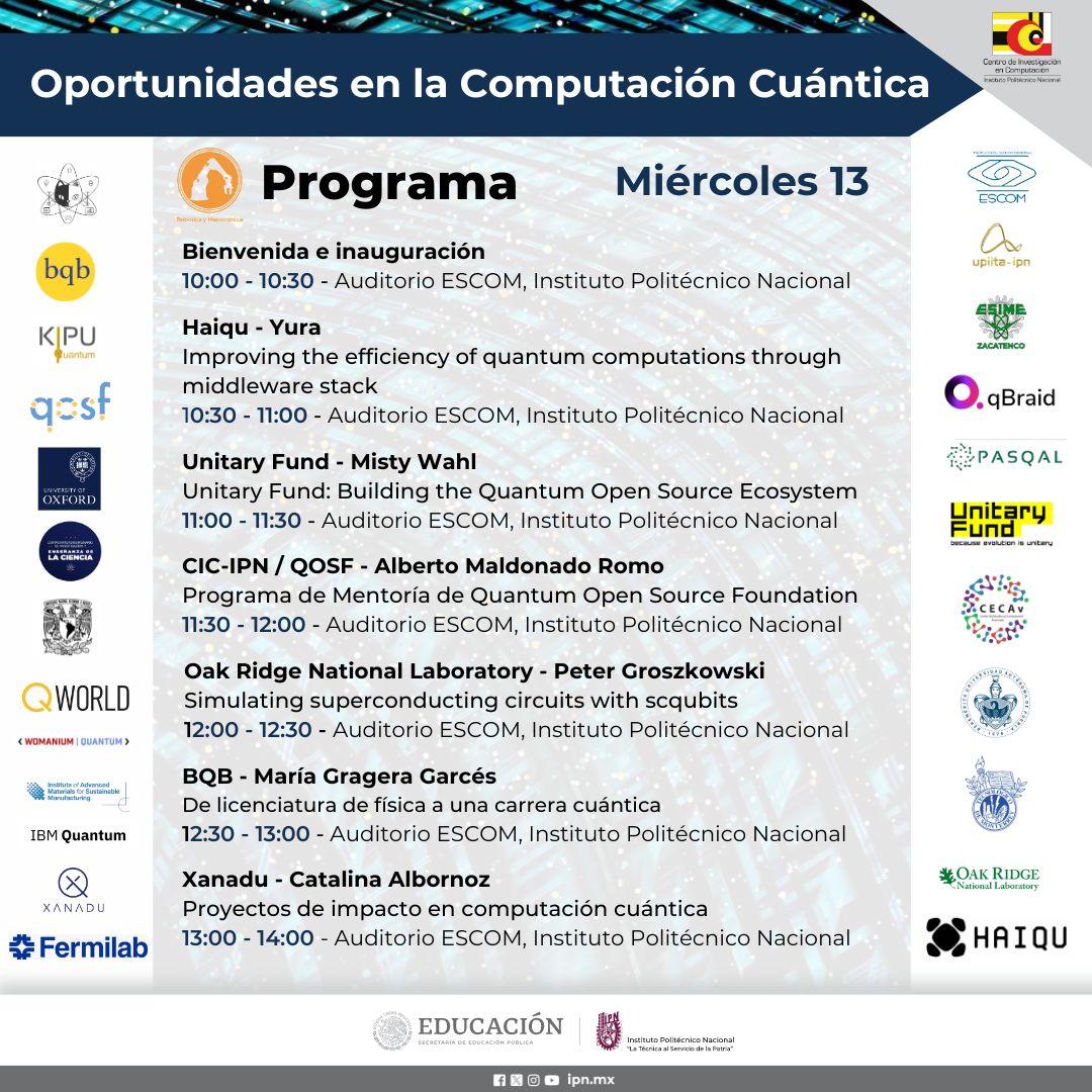 JonathanOTR's tweet photo. 📢 ¡Atención entusiastas de la #ComputaciónCuántica! No se pierdan el coloquio en nuestro centro de investigación. ¡Será una oportunidad perfecta para sumergirse en los misterios cuánticos y conectar con expertos! 
Les comparto el programa y los títulos como los ponentes que estarán se hablará de temas de hardware, software, programas de mentoria y oportunidades, será en ESCOM, CIC y CIDETEC
���� #QuantumComputing #TechTalk #innovacion 
@CIC_IPN_OFICIAL @escomunidad @cidetec_ipn
