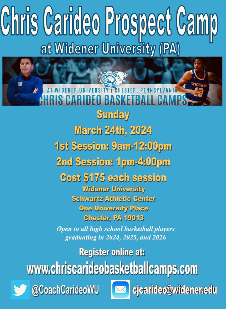 Our Widener Spring Prospect Camp date is set for Sunday, March 24th! There will be a morning and afternoon session. Looking for 2024’s for the fall as well as 2025’s and 2026’s for future recruiting needs! More info below and registration in the link: register.ryzer.com/camp.cfm?id=25…