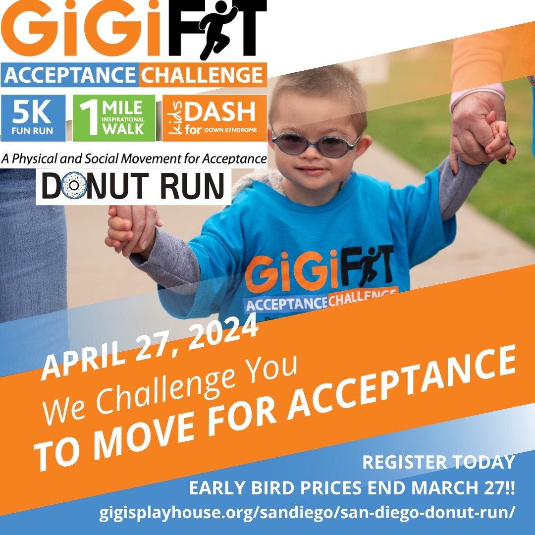 Haven't registered for GiGiFIT Acceptance Challenge Donut Run yet??? There's still time!

Hurry before Early Bird specials end on March 27th! 🏃

What better time to register than in World Down syndrome month ...MARCH💛💙💛💙

Click the link :
gigisplayhouse.org/sandiego/san-d…