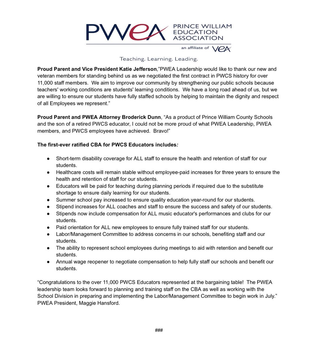 PWEA Leadership, the largest public-sector education local representing over 11,000 educators in Prince William County Schools (PWCS), is proud to announce our membership has ratified the first and strongest Collective Bargaining Agreement (CBA) in Virginia history for Educators.