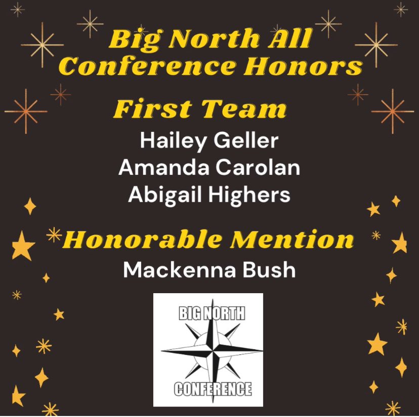 WM_Cheer's tweet image. Congratulations to the following cheerleaders on earning All Conference Athlete Awards for the Big North Conference: 

1st Team All Conference 
Hailey Geller
Amanda Carolan
Abigail Highers 

Honorable Mention
Mackenna Bush

Way to represent WMHS! Proud of you all! 🖤💛