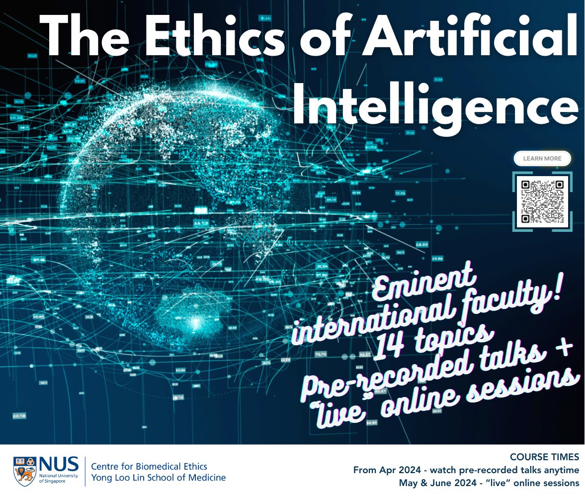 Interested in learning more about the rapidly exploding topic of AI Ethics? @NUS_CBmE is holding a short course (really, Masterclass) on this essential subject, which you can take from the comfort of your own home. Registration and other details here: medicine.nus.edu.sg/cbme/the-ethic…