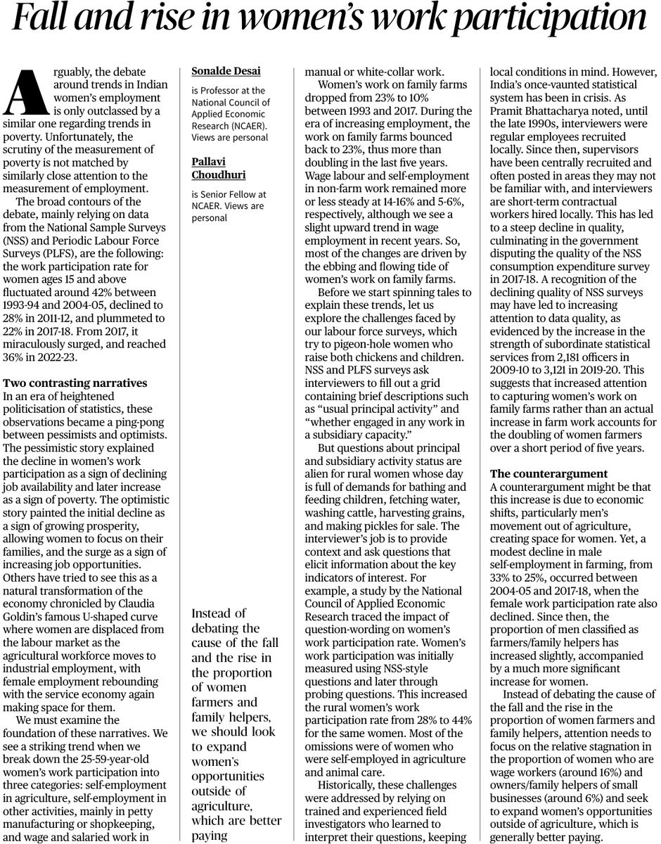 SonaldeDesai's tweet image. “I prefer true but imperfect knowledge, even if it leaves much indetermined, to a pretence of exact knowledge that is likely to be false” Hayek.👂Researchers explaining the ping pong of FLFPR in India, doubling of women farmers in 5 yrs is implausible 👇@the_hindu  @pallavi_econ