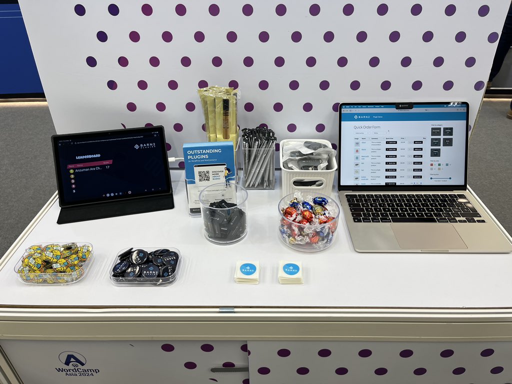 KatieKeithBarn2's tweet photo. We’re here! If you’re at #WCAsia, come and see us at the @Barn2Plugins booth in the upper sponsor hall 👋. Come and get Barn2 swag, take our WooCommerce quiz, and request demos of any of our plugins. https://t.co/Mp2HglWTHd