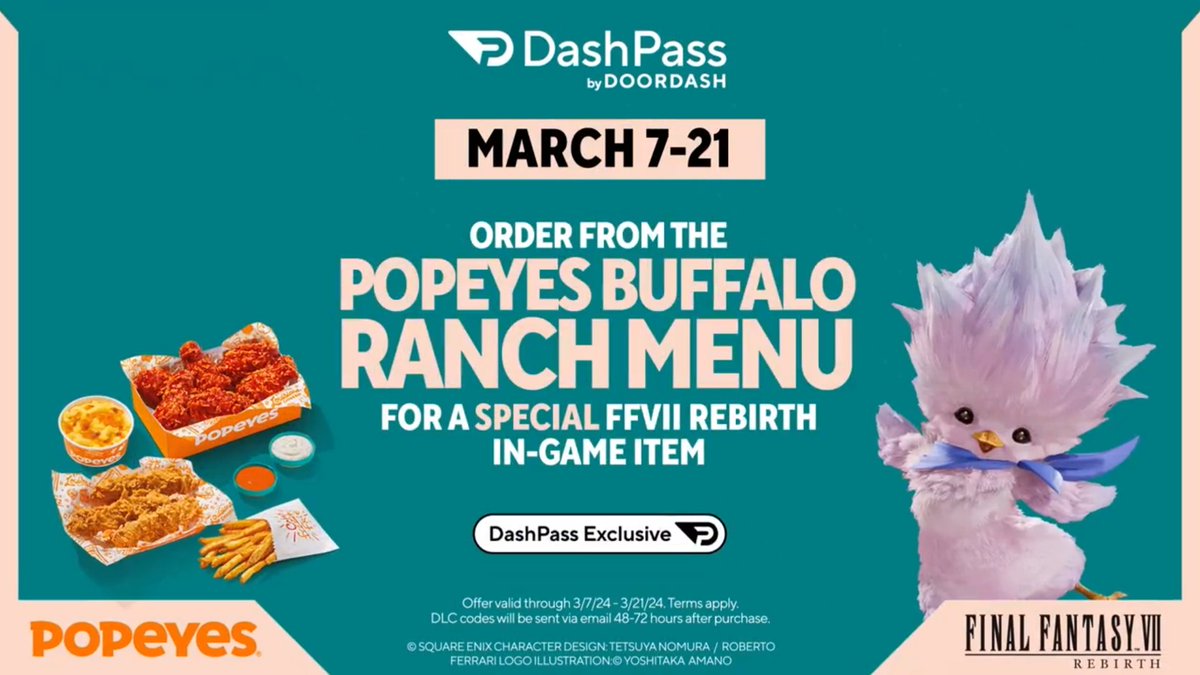 Wario64's tweet photo. Get a Posh Chocobo Summoning Materia code for Final Fantasy VII Rebirth when ordering from the Popeyes Buffalo Ranch Menu on DoorDash (for DashPass members only) https://t.co/WQQTE0bszG