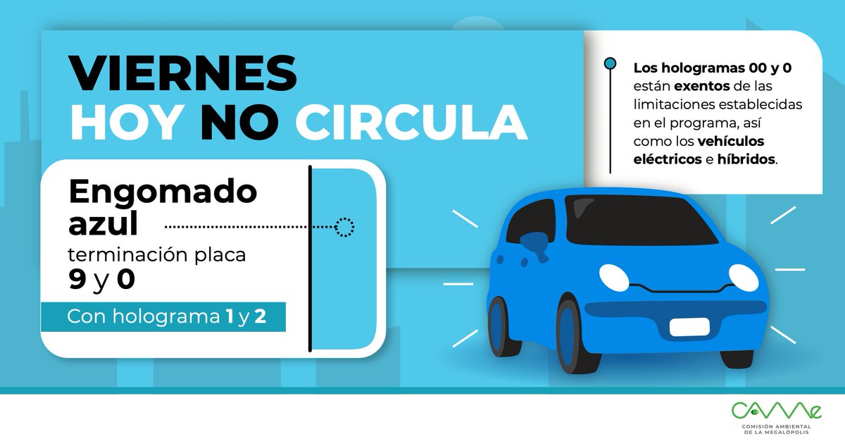 CAMegalopolis's tweet photo. El #HoyNoCircula del viernes 8 de marzo en la #ZMVM aplica para los vehículos con #EngomadoAzul 🔵terminación de placas 9 y 0, holograma 1 y 2, y permisos. 
👉Hologramas 00 y 0 quedan EXENTOS.
🚕🚗🚘🚙🚛🏍🚚
#FelizViernes https://t.co/EgmntaKqQ1
