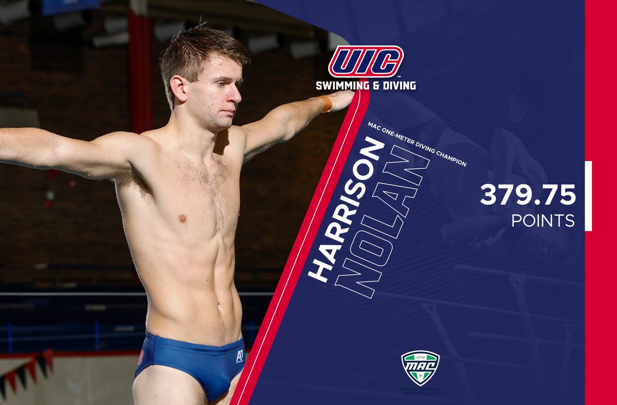 UIC_SwimDive's tweet photo. Congrats to Harrison Nolan (@HarrisonNolan3) for winning the one-meter diving event at the @MACSports Championship Meet! 
He scored 379.75 points in the event, setting a new school record, breaking his score against UChicago back on Jan. 19 (370.95 points)! 

#ChicagosCollegeTeam https://t.co/5HfoG3SEaz