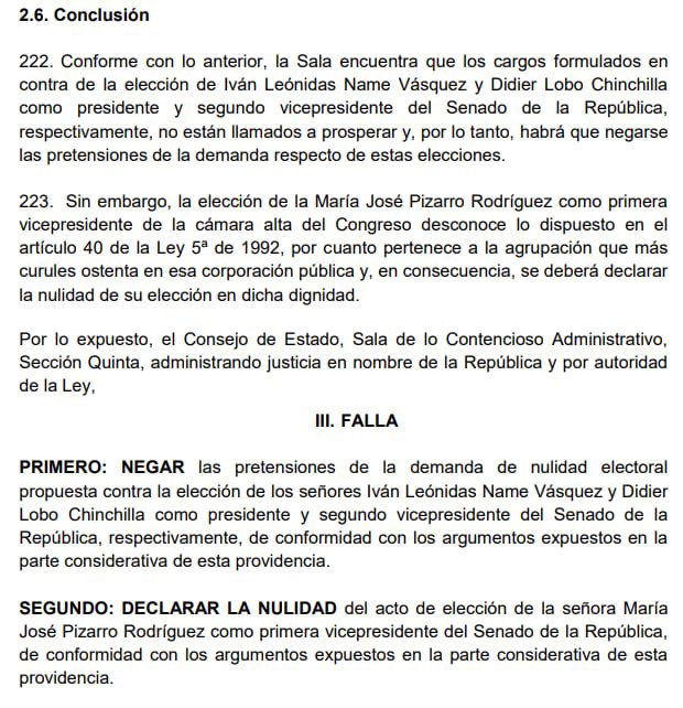 Lamentamos la decisión del Consejo de Estado de anular la elección de @PizarroMariaJo como vicepresidenta del senado. Una claro golpe para la bancada del @PactoCol y participación de las mujeres en política.