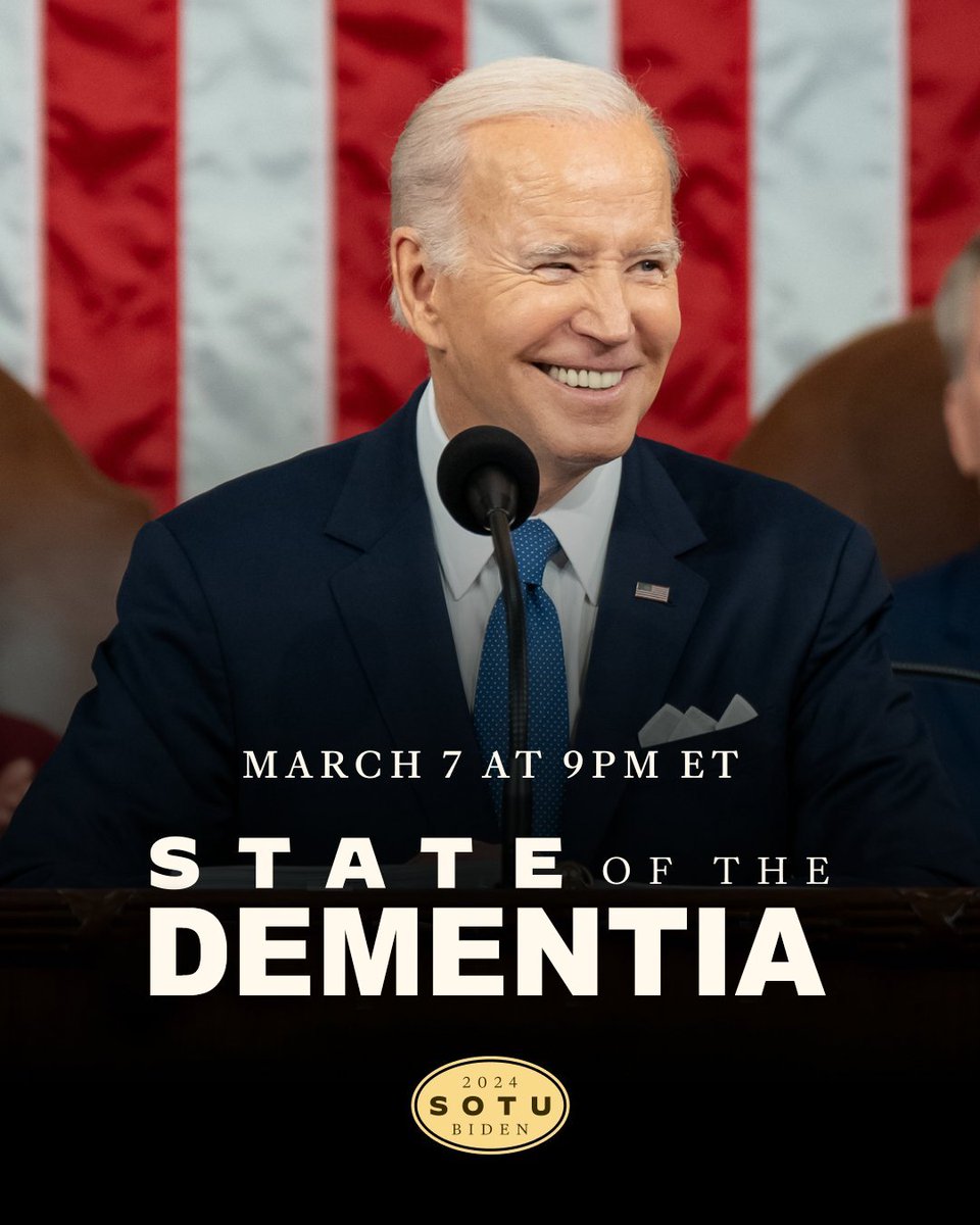 TheLampooner's tweet photo. Breaking News: Get ready for a great dementia speech.

#StateOfTheUnion #JoeBidenHasDementia 
#JoeBiden2024 
#DemocraticParty 
#Democrats
#Republicans 
#Elections2024 
#vote https://t.co/EEUtzlBTa3