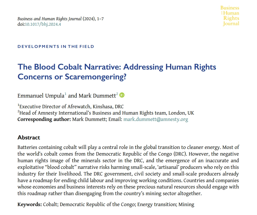 Hot off the Press! Check out our new DiF article 'The Blood Cobalt Narrative: Addressing Human Rights Concerns or Scaremongering?' by Emmanuel Umpula  @afrewatch & Mark Dummett @MarkDummett @AmnestyBHR cambridge.org/core/journals/… @ARamasastry 🙏 READ & SHARE!