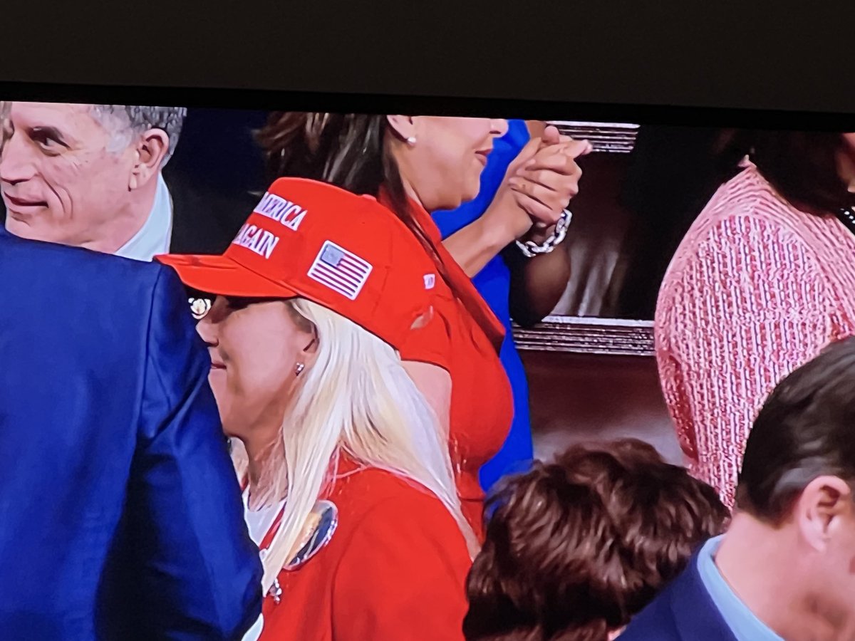 #MarjorieTaylorGreene wears a 2020 #MAGA hat to #Biden’s #StateOfTheUnion address in a violation of chamber rules.