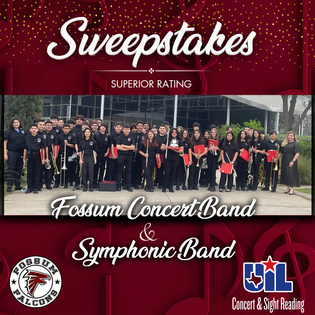 fossumfalconms1's tweet photo. 🎉🎶 Huge congratulations to our Fossum Concert and Symphonic bands for achieving a superior rating and sweepstakes at the UIL Concert and Sight-Reading Evaluation! 🏆🌟 We are incredibly proud of your dedication and musical excellence. Way to go, Falcons! 🎵 #FossumFalcons 🎉🎼 https://t.co/4Fo5uTdZts
