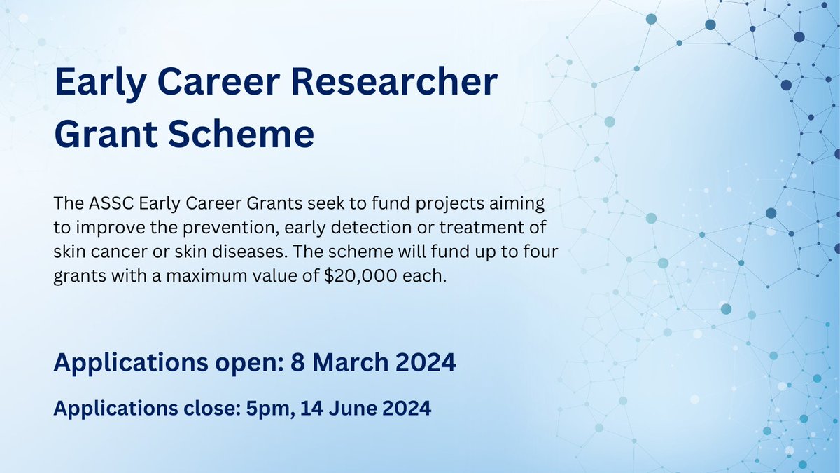 📣👩🏻‍🔬🧪 Calling all early to mid-career researchers at UQ or QIMR Berghofer conducting research in the skin and skin cancer field. 🔎📚☀ The ASSC Early Career Researcher Grant Scheme opens today. To find out more visit: assc.org.au/our-research/f… @UQDRC @UQMedicine @QIMRB_Institute