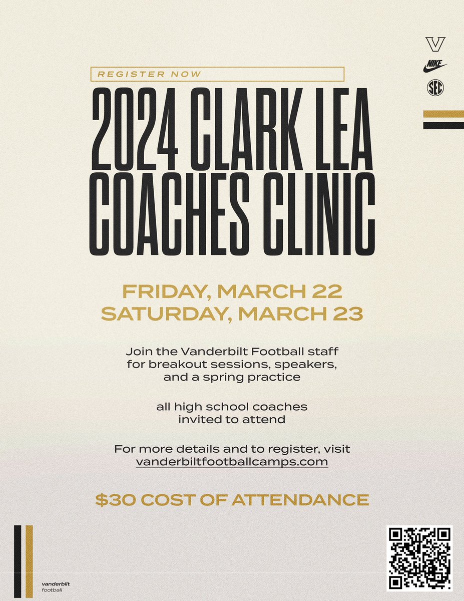 Excited to talk ball at our Coaches clinic on March 22nd and 23rd. Coaches come join us for this clinic and let’s continue to master our craft. @VandyFootball #AnchorDown