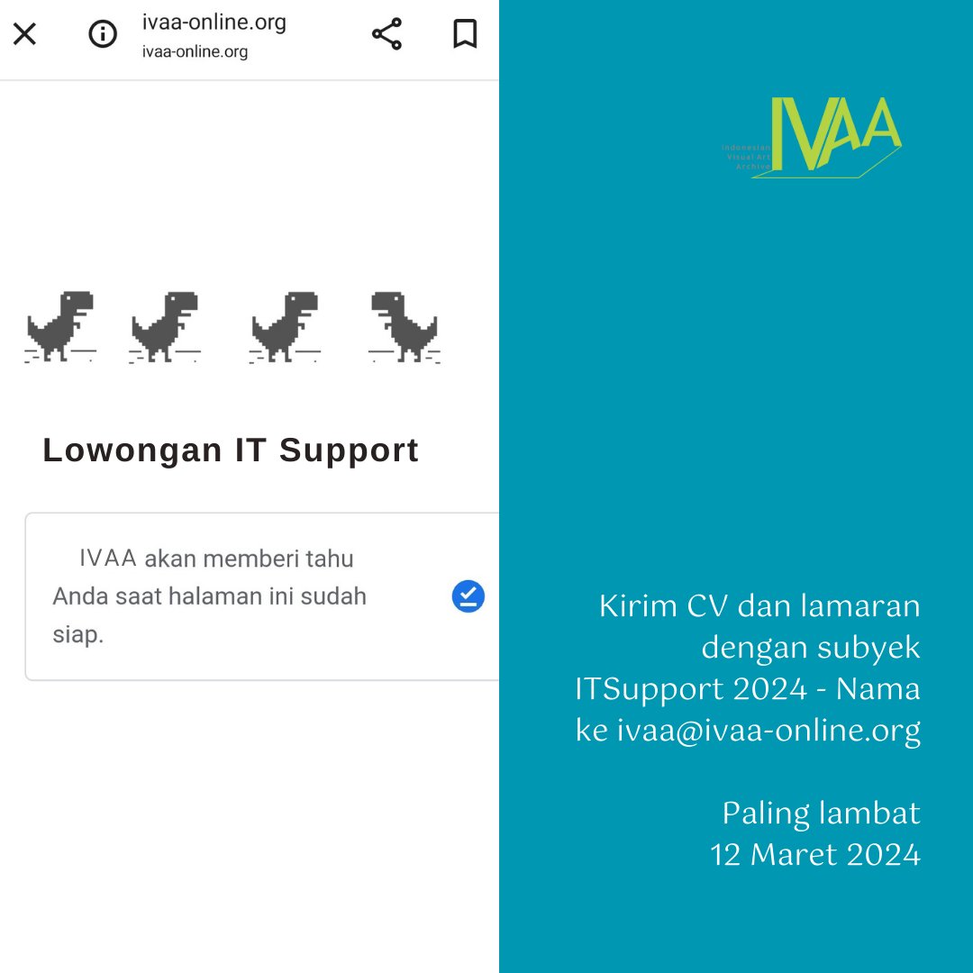 kawanIVAA's tweet photo. Lowongan IT Support

Kami membutuhkan seorang IT Support
yang akan mengisi posisi sebagai Staf IVAA
penuh waktu.

https://t.co/VjYVcSzSQy https://t.co/NzWxbPKuUa