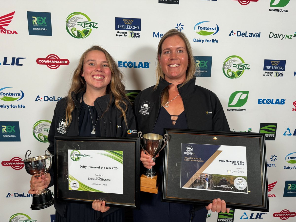 Congrats to members of the Fonterra family who won awards at last night’s 2024 Auckland/Hauraki Dairy Industry Awards! Teagan Gray was awarded Dairy Manager of the Year and Emma Williamson took home the Dairy Trainee of the Year award 👏👏