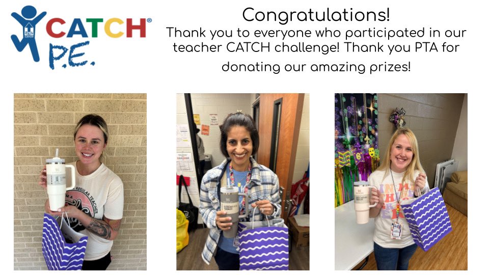 Congratulations to <a href="/EReed_MJE/">Emilee Reed</a>, Mrs. Dhanji, and <a href="/MsUngashick/">Lindsay Ungashick</a> for winning our <a href="/CATCHhealth/">CATCH Global Foundation</a> Challenge! We truly appreciate <a href="/JenksPta/">Jenks PTA</a> for donating the amazing prizes! Thank you to everyone who participated and to our phenomenal PE Team for always helping us stay healthy! #mjejags