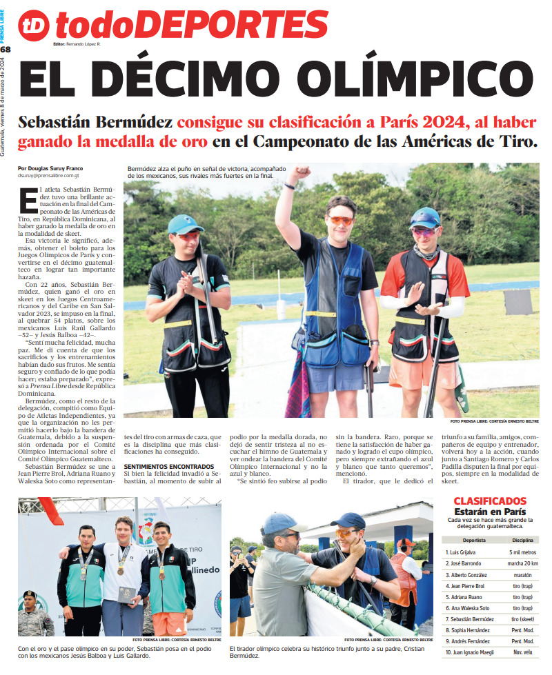 #Portada

¡Buenos Días!

Sebastián Bermúdez, brilla en el Campeonato de Las Américas de Tiro en República Dominicana, al ganar la medalla de oro en la modalidad de Skeet y su clasificación a los Juegos Olímpicos de París 2024.