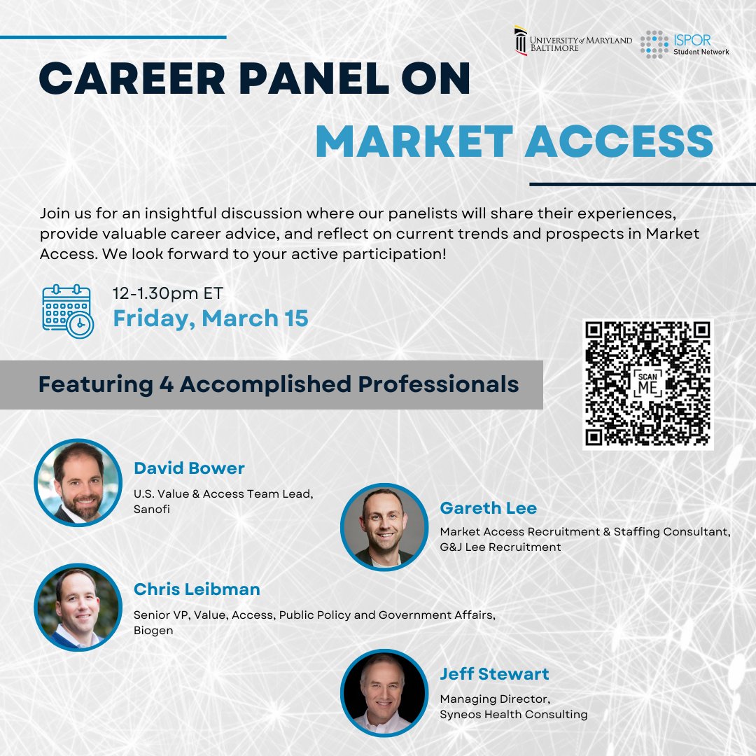 UMB_ISPOR's tweet photo. We are thrilled to invite you to join our upcoming "Career Panel on Market Access" on March 15 at 12 pm ET! We look forward to seeing you all!
Registration link: https://t.co/4FyOEIkNhf https://t.co/IZmeUD3Wyd
