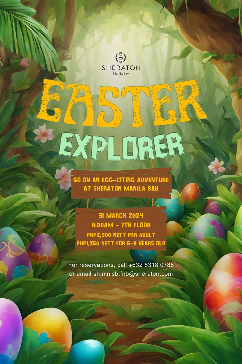 Celebrate Easter with a brunch buffet, Easter Egg Hunt for kids, access to games and activities, and a chance to win exciting prizes. Php 2,500 nett per adult Php 1,250 nett per child *6-11 yrs old For reservations, please call +632 5318 0788 or email sh.mnlsb.fnb@sheraton.com