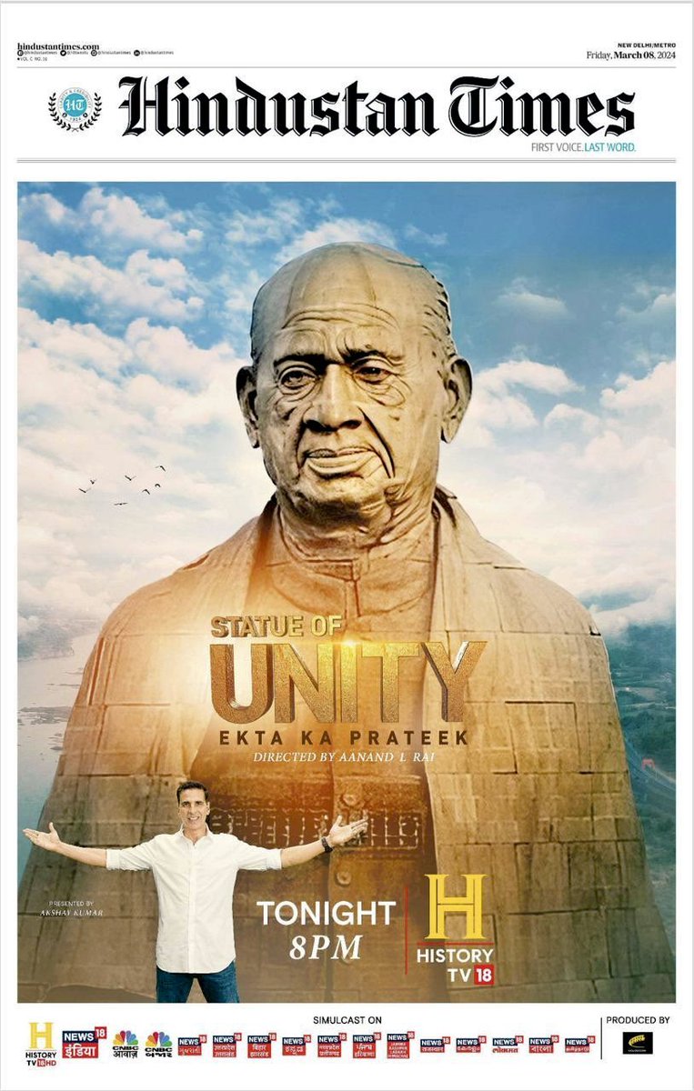 #Tonight at 8pm on @HISTORYTV18 and across the #News18 Network - our new documentary directed by @aanandlrai, presented by @akshaykumar and featuring the Hon. Prime Minister Shri @narendramodi. #MustWatch #StatueOfUnityOnHistoryTV18