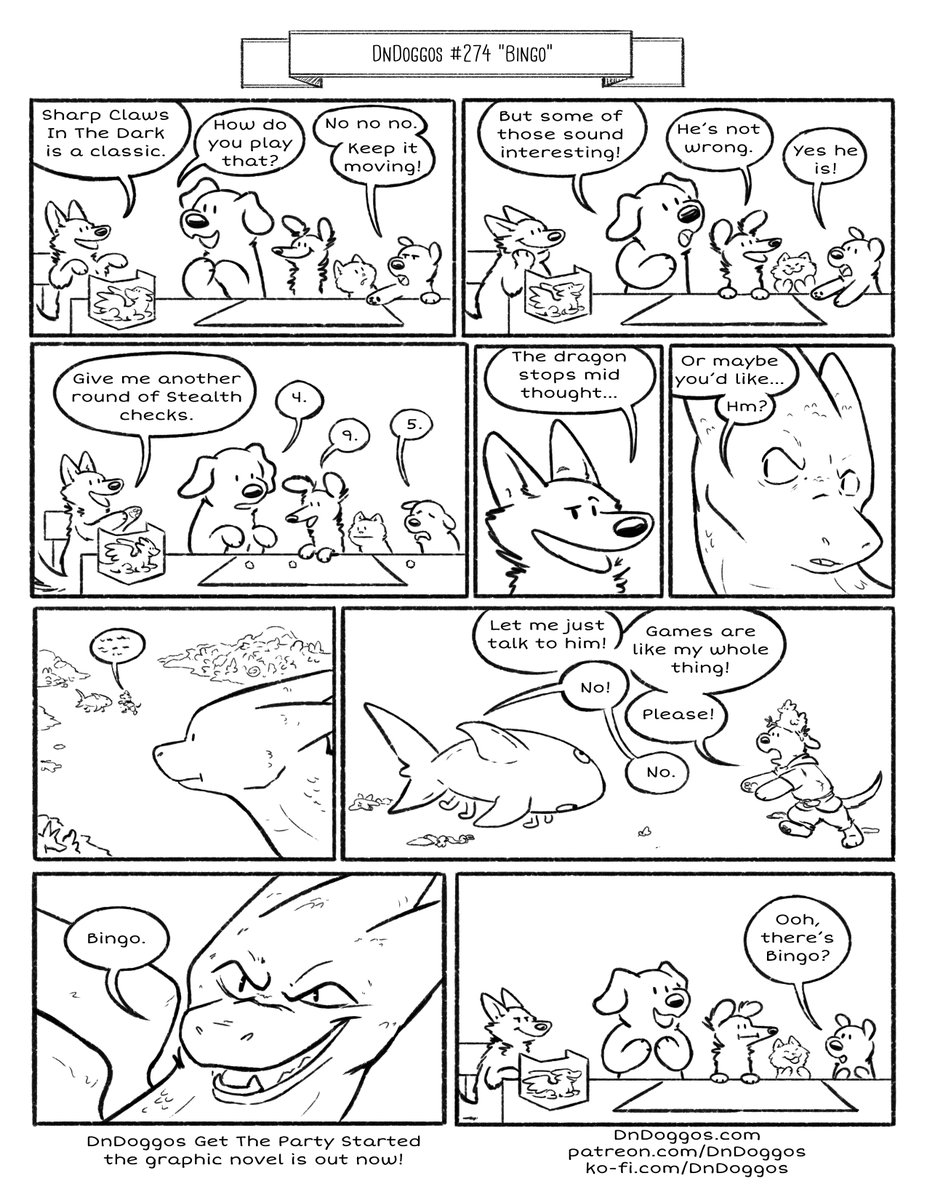 DnDoggos - #274 “Bingo” Tonka’s convinced that the dragon just wants to play. But Zoey isn’t on board. Or… maybe…? Book club time! I hope you’ve read the DnDoggos graphic novel, but if you haven’t had a chance yet, have you read something else good lately?