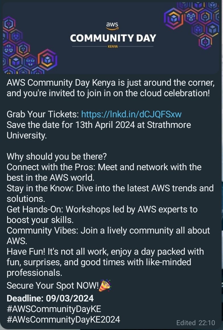 NellyNyadzua's tweet photo. #AWSCommunityDayKE is coming up! The Early tickets are closing soon. Grab your group and individual tickets here today: https://t.co/wPcOyPt5JQ

#AWSCommunityDayKE2024 @data_alma @jeffbarr  @WachiraZippy https://t.co/br9cRu9Pjn