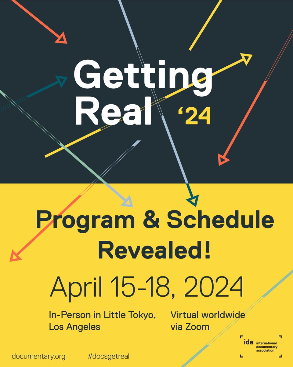 IDAorg's tweet image. We are excited to announce the program &amp;amp; schedule of Getting Real ’24 which will be held in-person in Los Angeles and virtually worldwide between April 15-18. Registration for the in-person event is open until April 9. #docsgetreal

See the program at documentary.org/gettingreal24/…