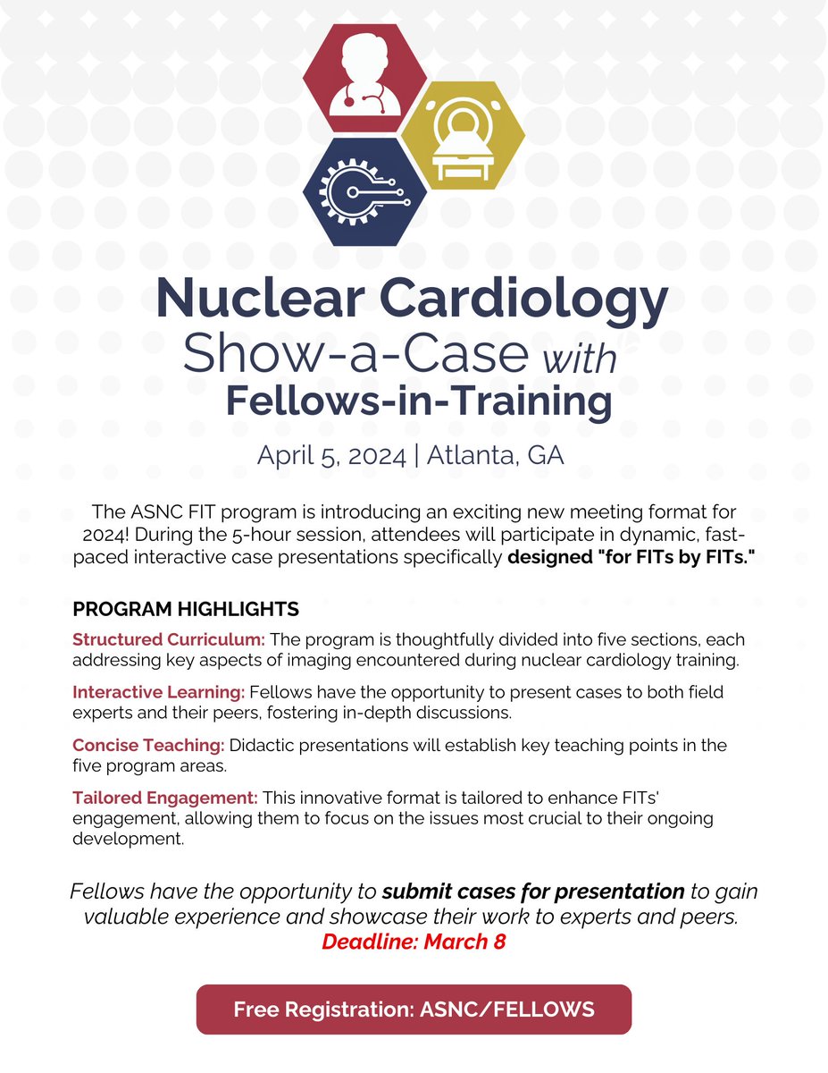 #FITs: Tomorrow is the last day to submit a case(s) for presentation at Nuclear Cardiology Show-a-Case with Fellows-in-Training! 💥Don't miss this valuable opportunity to present to an expert panel & engage w/ colleagues Learn more👉bit.ly/3GhRFSl #CVNuc