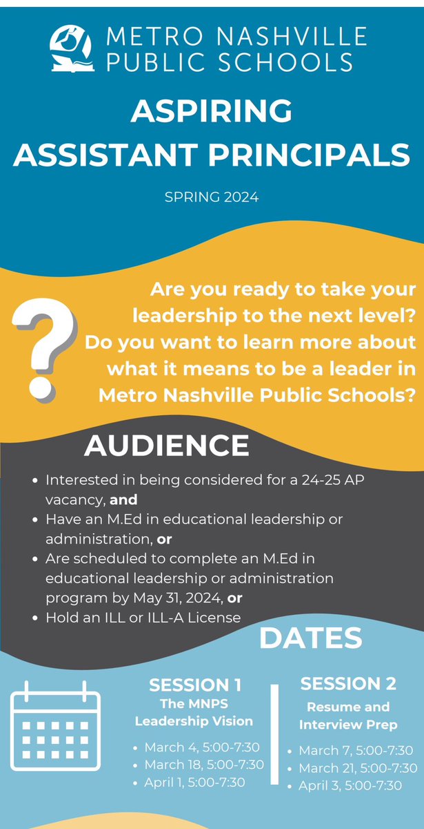 StephanieWyka's tweet photo. Hey future @MetroSchools leaders! There is still time to apply for our Aspiring Assistant Principals sessions! Learn and grow in leadership development sessions described as “the best I ever had.”  https://t.co/F5Jz1rzOOt

 #leadMNPS #LeadtheNation https://t.co/qTyWVl8Yb3
