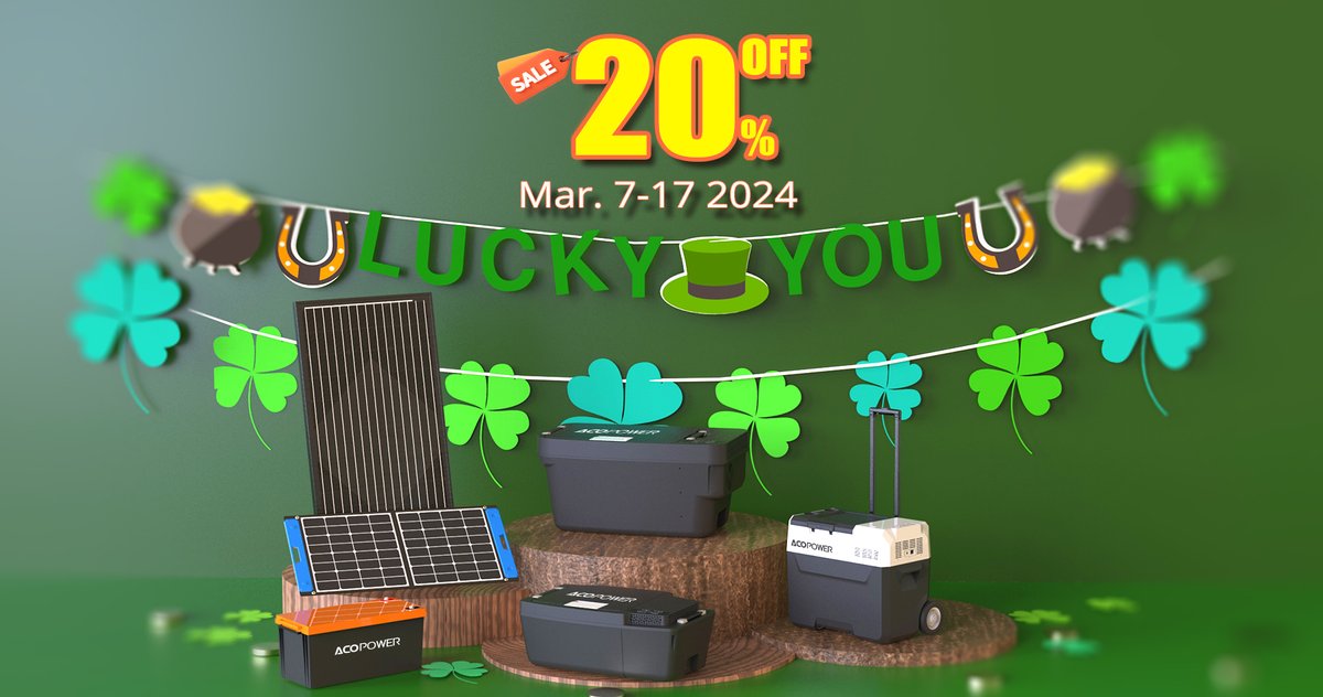 acopower_com's tweet photo. Get Lucky this St. Patrick's Day with ACOPower! 
Don't miss out on this golden opportunity! This limited-time St. Patrick's Day promotion is our way of saying "thank you" to our valued customers. Upgrade your RV energy system, embrace sustainability, and save big with ACOPower. https://t.co/MC0xtlInEI