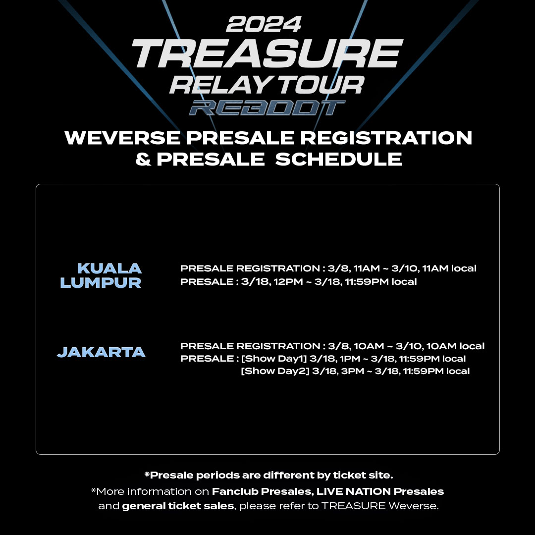 2024 #TREASURE RELAY TOUR [REBOOT]
IN #MANILA #HONGKONG #BANGKOK #KUALALUMPUR #JAKARTA

FANCLUB PRESALES registration opens for 
TREASURE MAKER MEMBERSHIP members!
Check the process and period!

▶️More info
weverse.io/treasure/notic…

#트레저 #RELAY #TOUR #REBOOT #YG