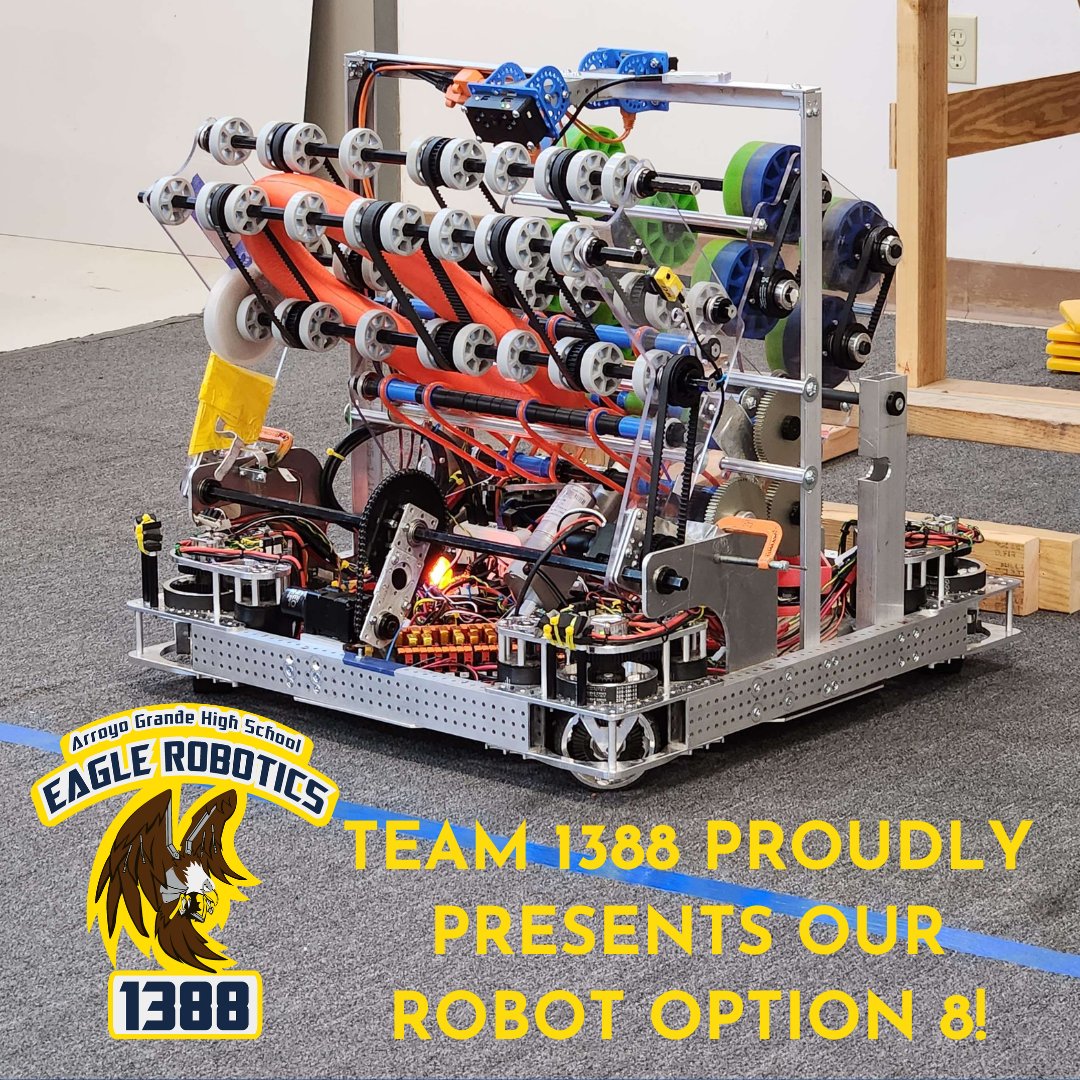 FRC1388's tweet photo. Eagle Robotics proudly presents this year's robot, Option 8! Go Team 1388 in Ventura this weekend! https://t.co/p8oC4IjJ1g