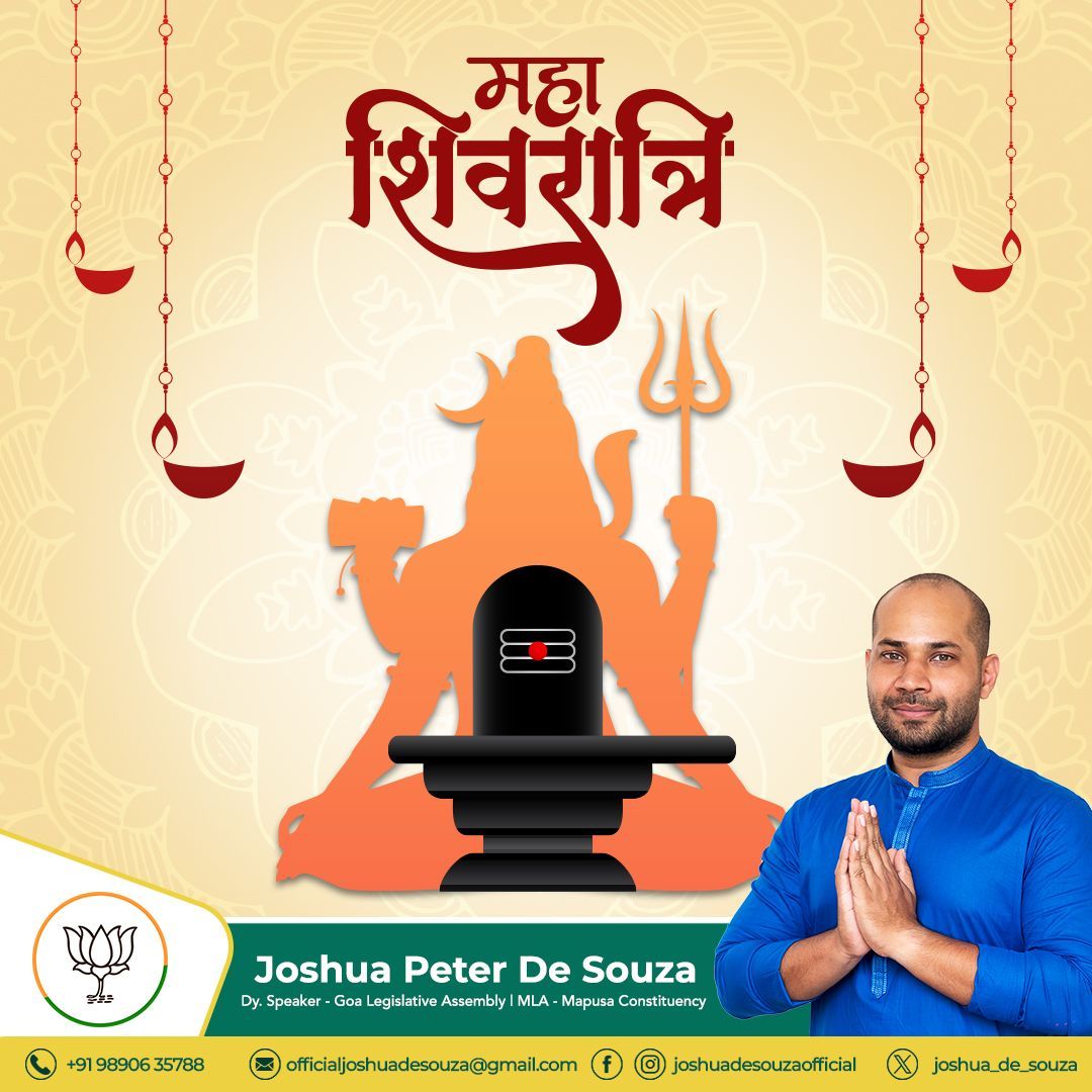 Joshua_De_Souza's tweet photo. Wishing one and all a Happy #MahaShivratri. On this auspicious day, may Lord Shiva bless us all with peace, happiness, and prosperity. 

#HarHarMahadev #MahaShivratri2024 #JoshuaDeSouza #StrongerMapusa #Mapusa #Goa https://t.co/FtCtFF07LI