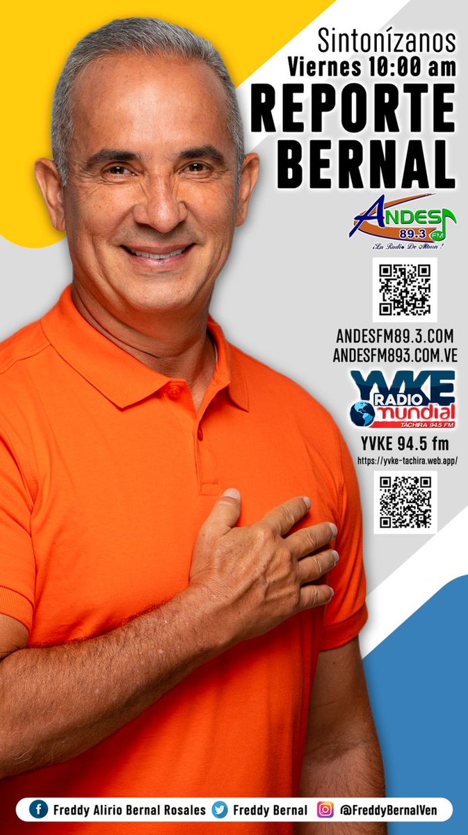 Mañana es #viernes #08Marzo de #ReporteBernal, el programa del Gobernador <a href="/FreddyBernal/">Freddy Bernal</a>, por la señal radial de <a href="/andesfm893/">ANDES 89.3Fm</a> y <a href="/YvkeTachira/">Yvke Tachira</a> a partir de las 10am con toda la actualidad sobre la gestión gubernamental de nuestro estado 

¡No te lo pierdas ! #SoyComunicadorClap
