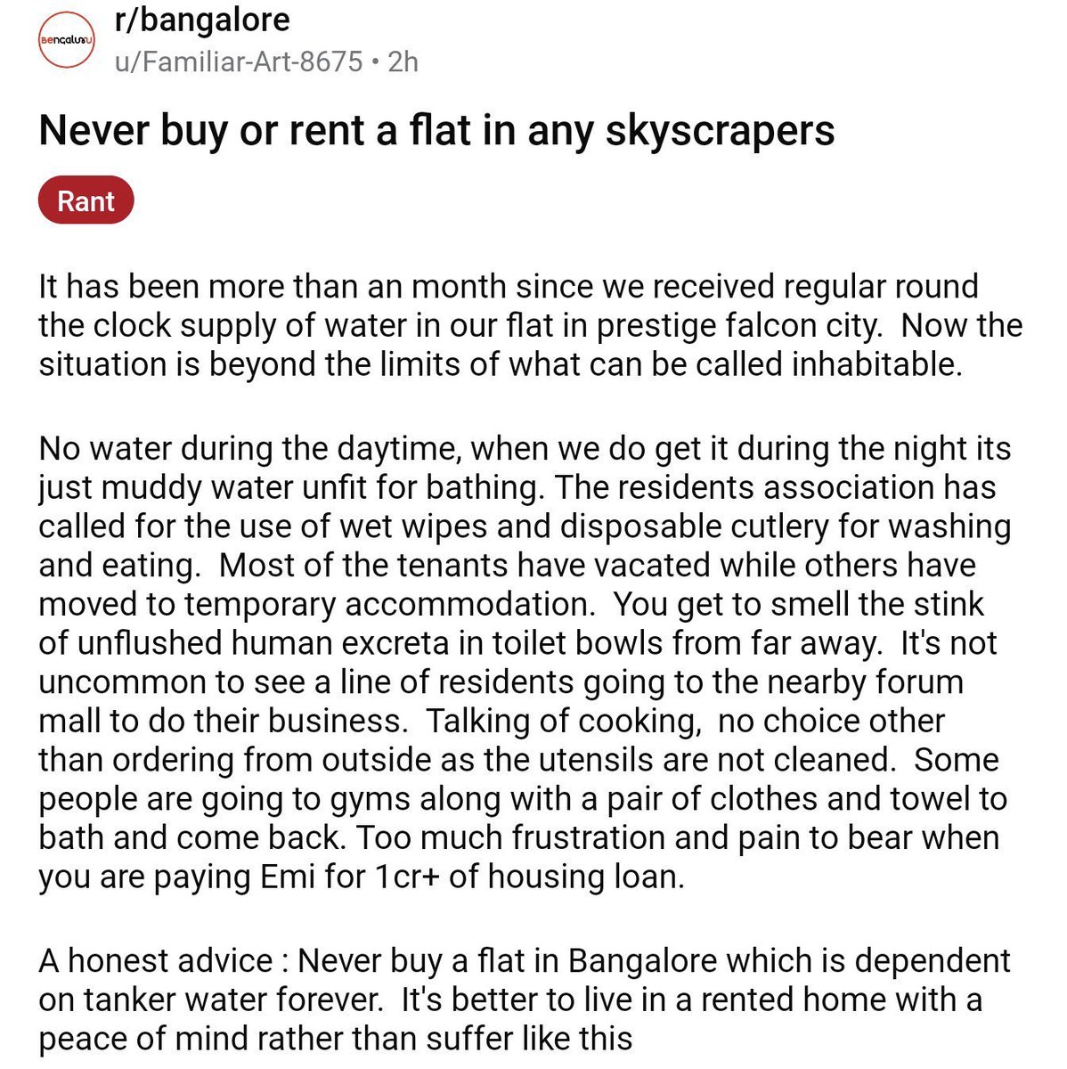 ravihanda's tweet photo. How is it that the water situation in Bangalore is worse than any other big city?

I live in Rajasthan. Have grown up here. Water scarcity has been a part of life. 

But I have never heard about people going to a nearby mall to shit. Using wet wipes. Disposable cutlery. Ordering food because of no clean utensils. 

This reads like a nightmare. 

And all this in flats costing in crores!