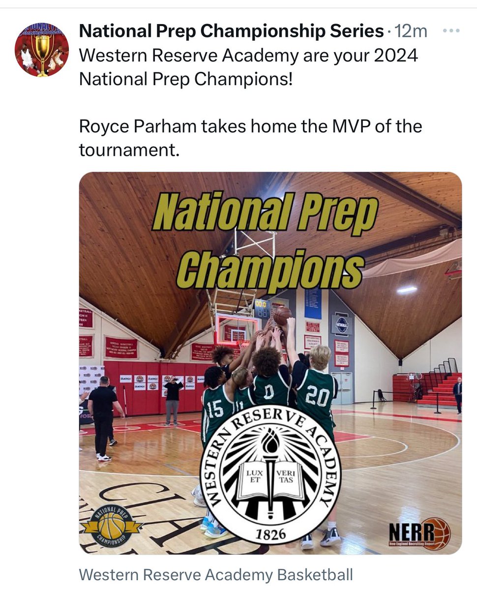 National Prep champions! @RoyceParham found what he was looking for and is the happiest he’s ever been! Thank you @WRA_Hoops @Bballpop @teamdurant_AAU @JusticeCuthbert for everything you have done for Royce. Next up #mubb