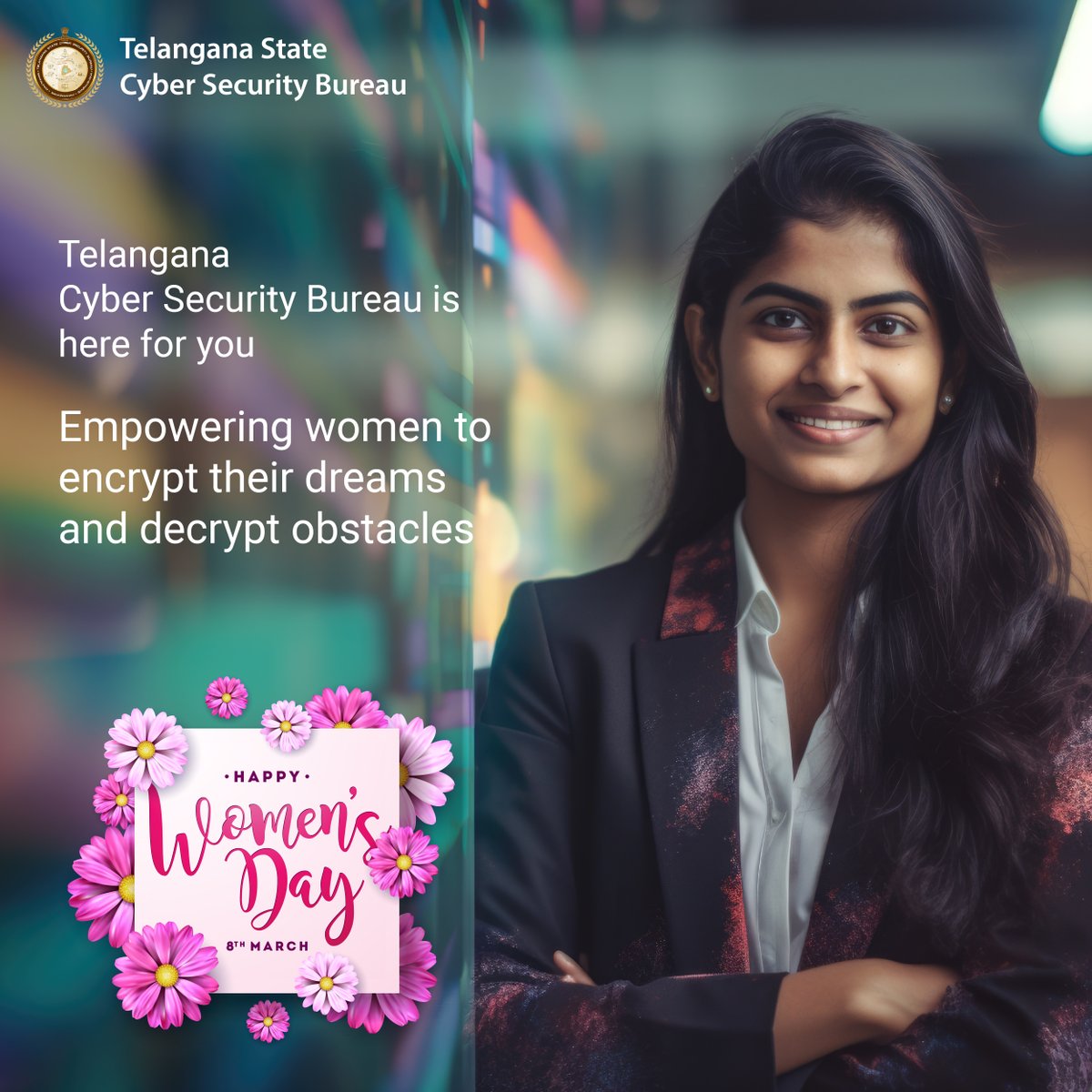 TGCyberBureau's tweet photo. Happy Women's Day! We empower women to encrypt their dreams and decrypt obstacles fearlessly. Telangana Cyber Security Bureau celebrates the strength and resilience of women in shaping a secure digital future.
@Shikhagoel_IPS @hydcitypolice @Cyberdost @CyberCrimeRck
#TSCSB https://t.co/omBc35K8hK
