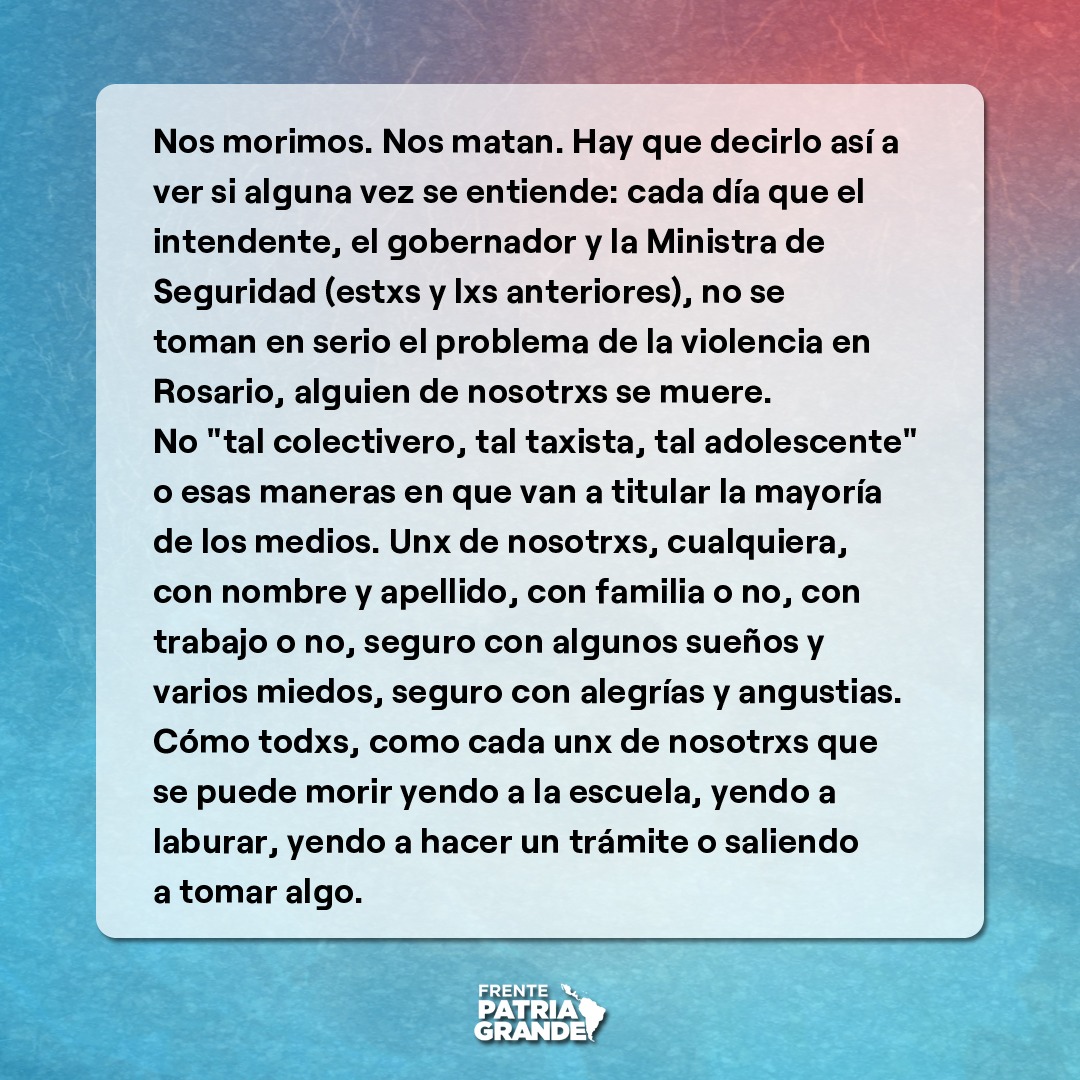 PatriaGrandeRos's tweet photo. Lxs rosarinxs tenemos derecho a vivir sin miedo. https://t.co/rc4pPMUkrc